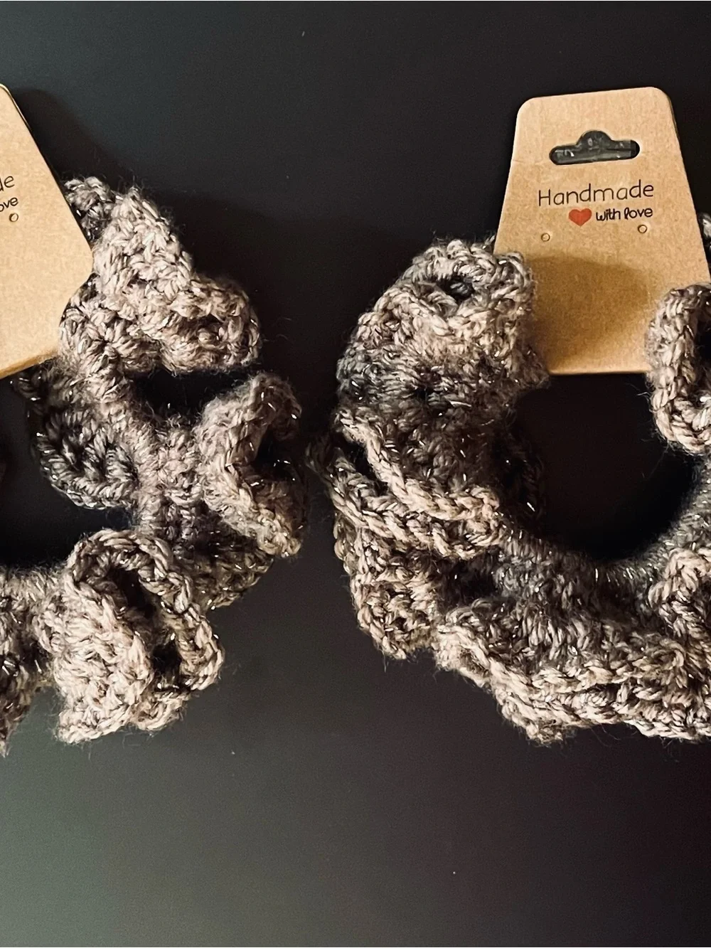 Set of 2 Extra Ruffle Crochet Hair Scrunchies Sparkling Brown - Handmade NIP